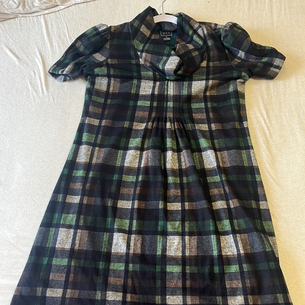 Green, brown, tan, and black plaid dress, business casual, swoop neckline
